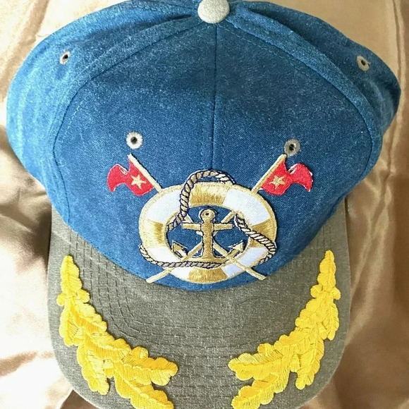 Women's Cap Sun Hat in Denim Blue & Khaki with Marine Sailor Embroidered Design - Picture 2 of 8